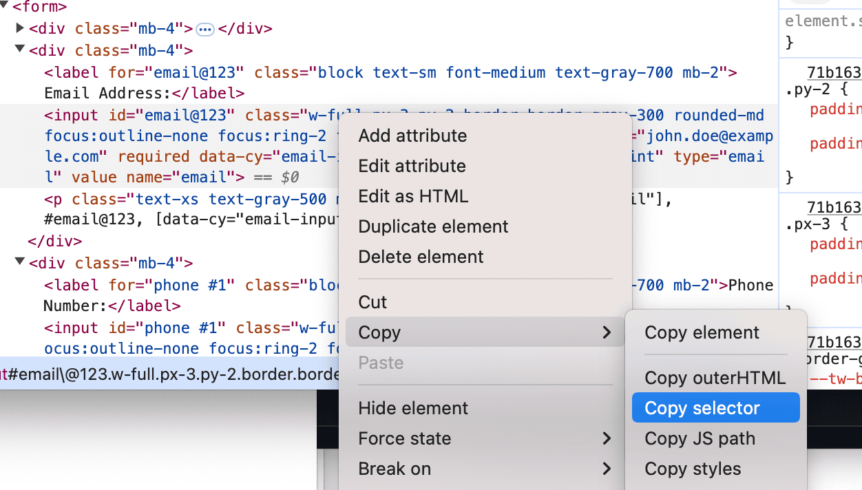 Clicking the element selector