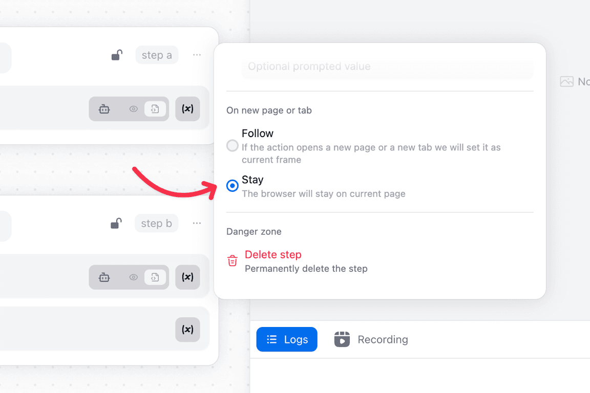 New page behavior options in action settings